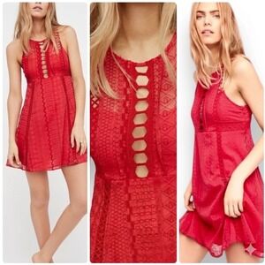 Crochet Free People Lace Mini Dress Womens 4 Red Cutout Boho Festival Summer